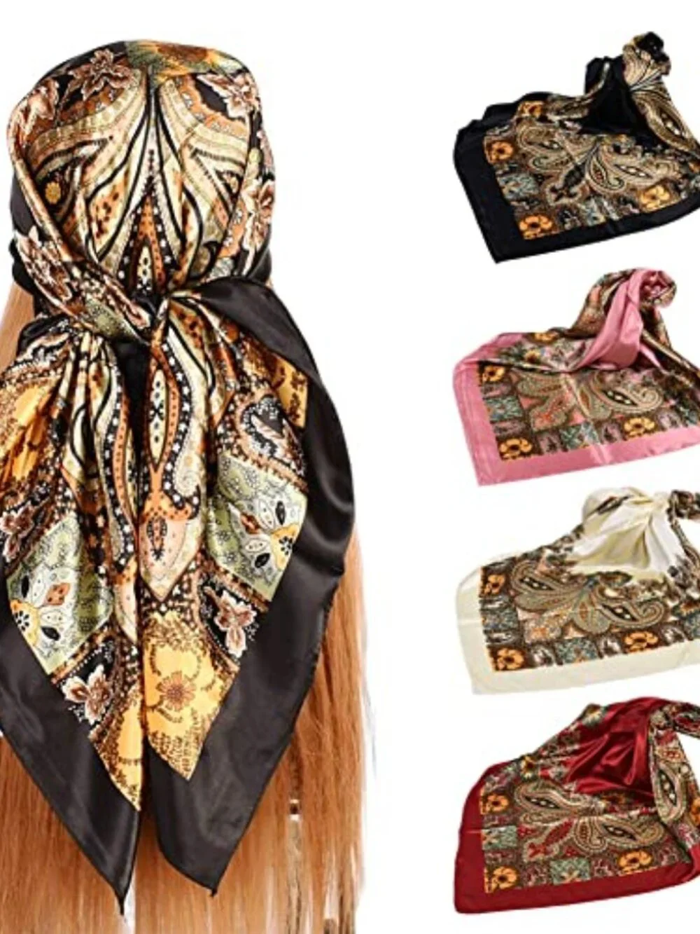 4 Pack Silk Like Head Scarves for Women Large Square Satin Hair Neck Scarf Shawl